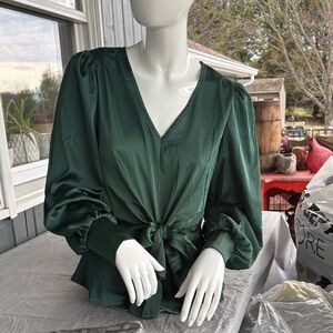 Emerald Wrap Blouse with Tie Waist and Puff Sleeves